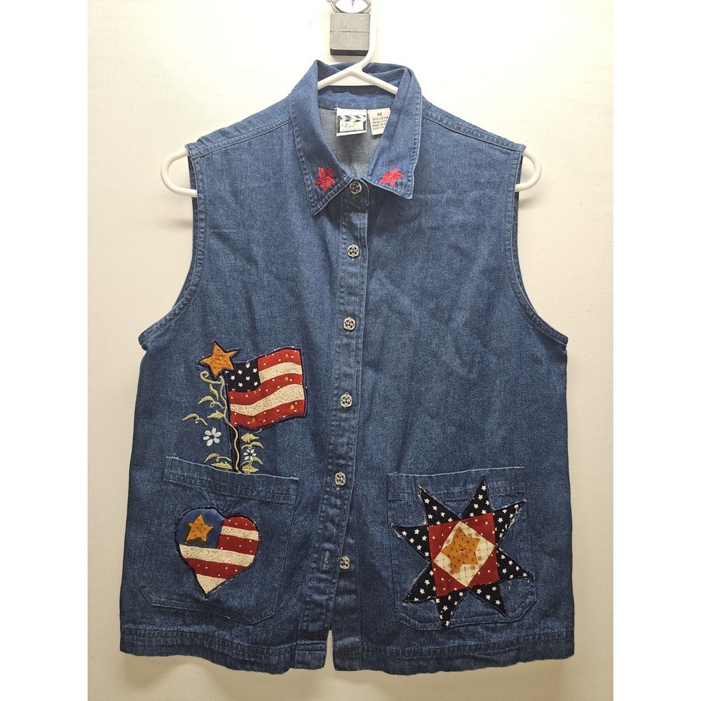 VTG 90s Denim Vest Sz M Patriotic USA Flag Patch Quilt Cottagecore Grannycore
